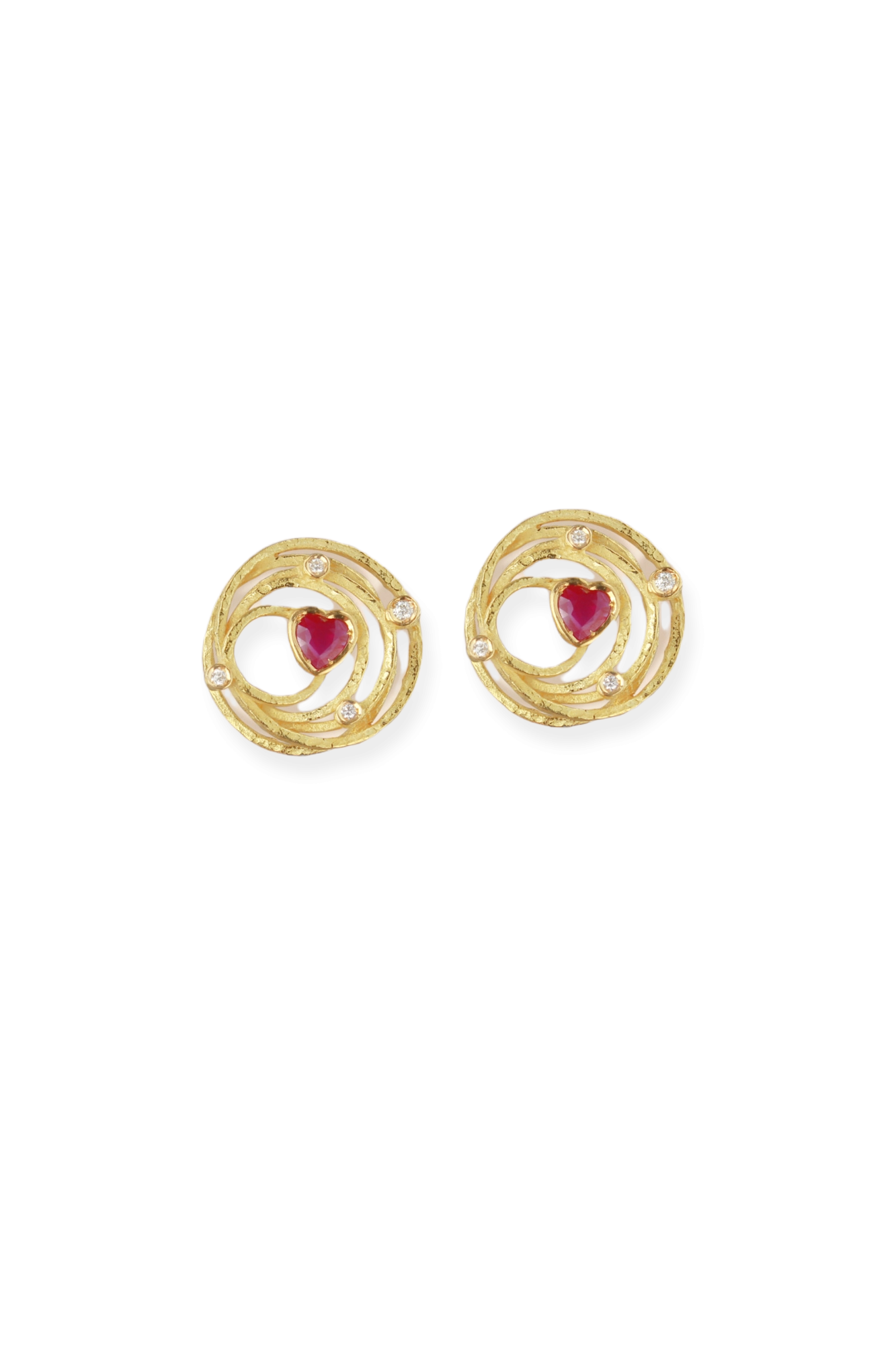 Yellow Gold Earrings Medium Diamonds and Rubies Heart Collection Universo