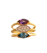Tris di anelli in oro 18 kt con ametista pavé di diamanti e London blu