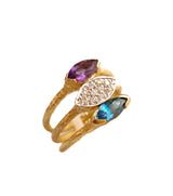 Tris di anelli in oro 18 kt con ametista pavé di diamanti e London blu