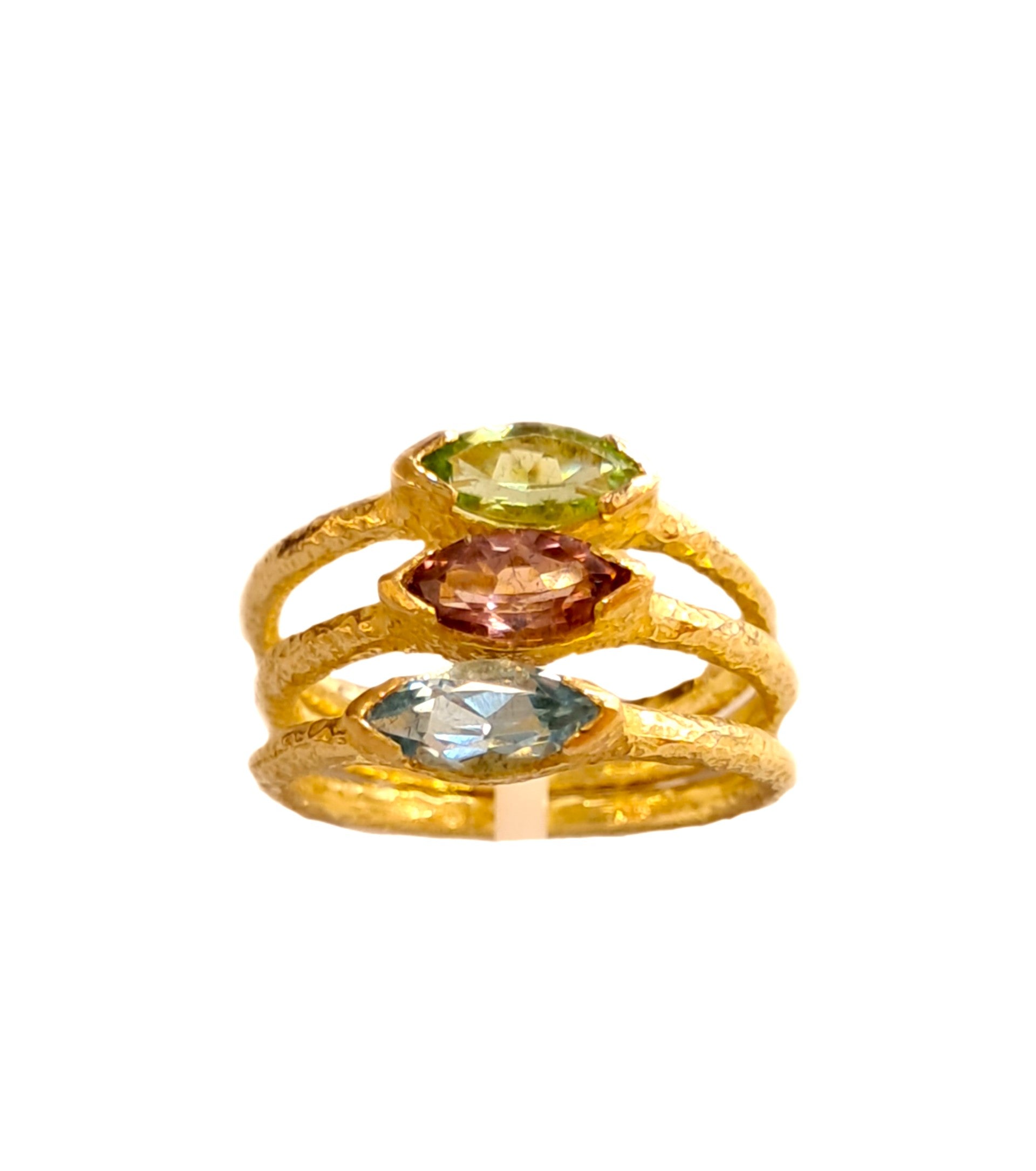 Tris Anelli oro 18 kt con  peridoto tormalina acquamarina