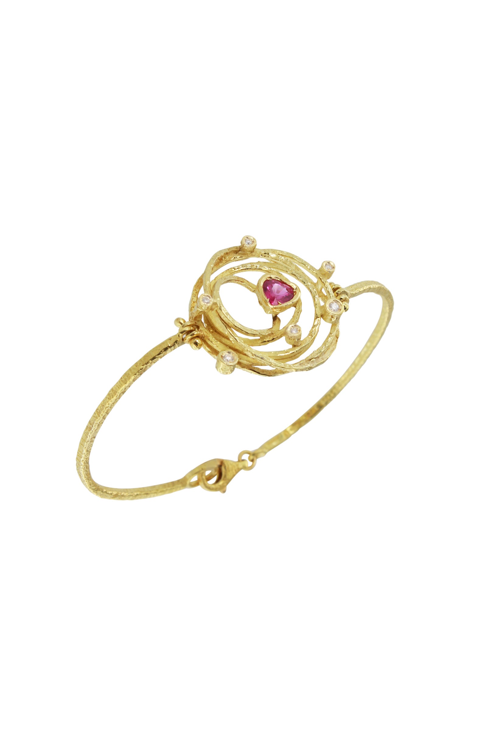 Bracciale in Oro Giallo Grande Rubino a Cuore e Diamanti Universo