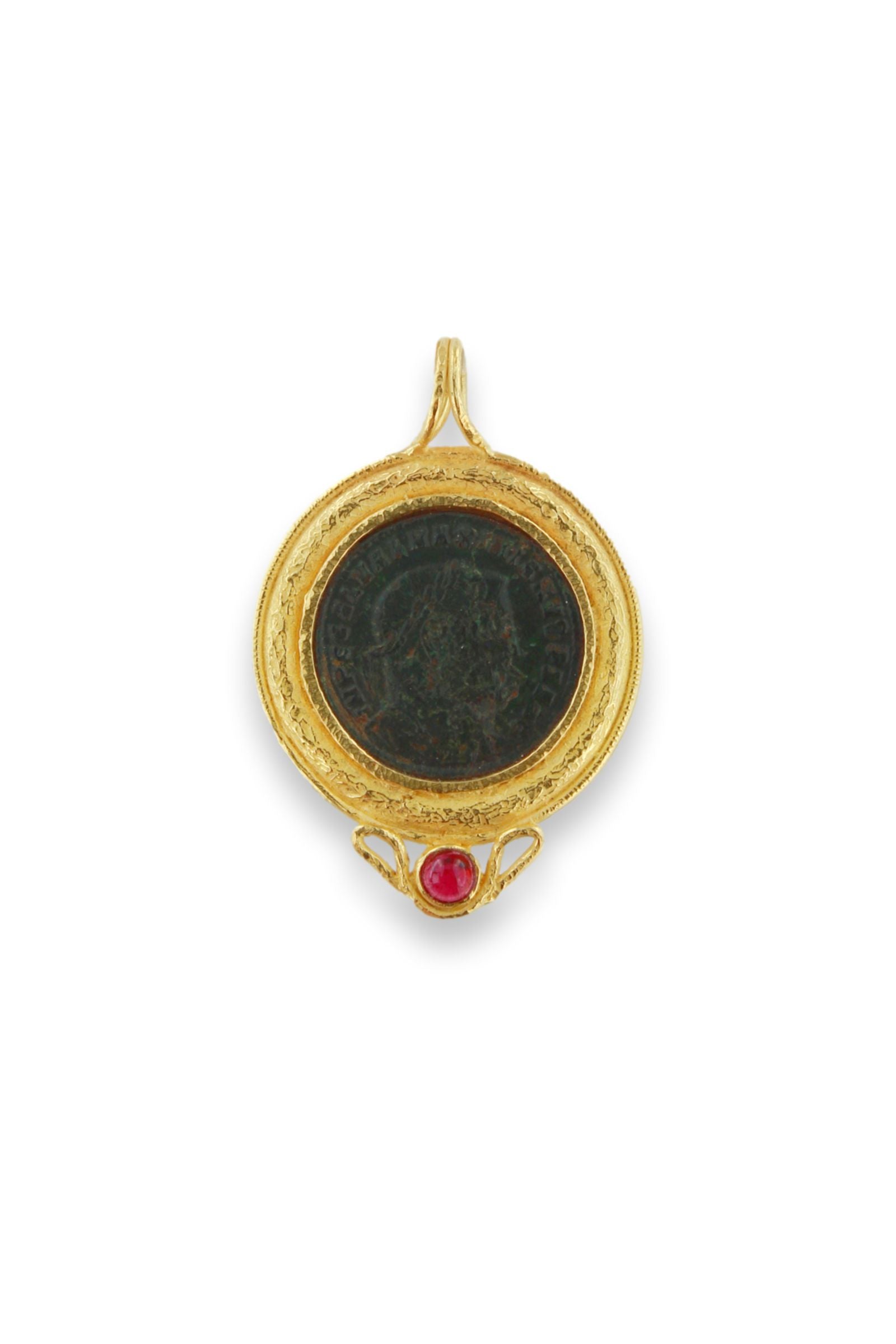 Ciondolo in Oro Giallo  Moneta Romana e Granato Cabochon Collezione  Roma